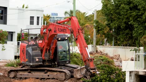 a red excavator removes a palm plant at a residential construction site in daylight, with steady camera and natural lighting, urban environment visible