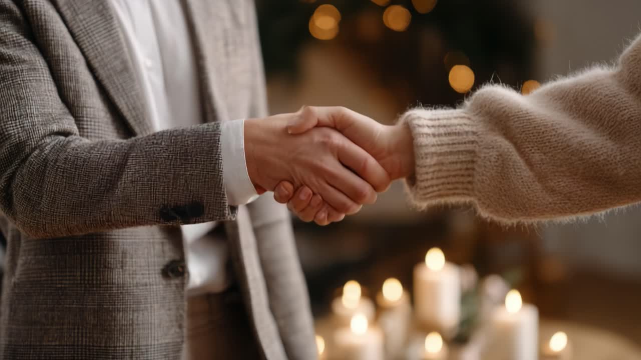 A Warm Exchange: Two Individuals Engaging in a Handshake Amidst a Softly Lit Background with Flickering Candles and Cozy Decor