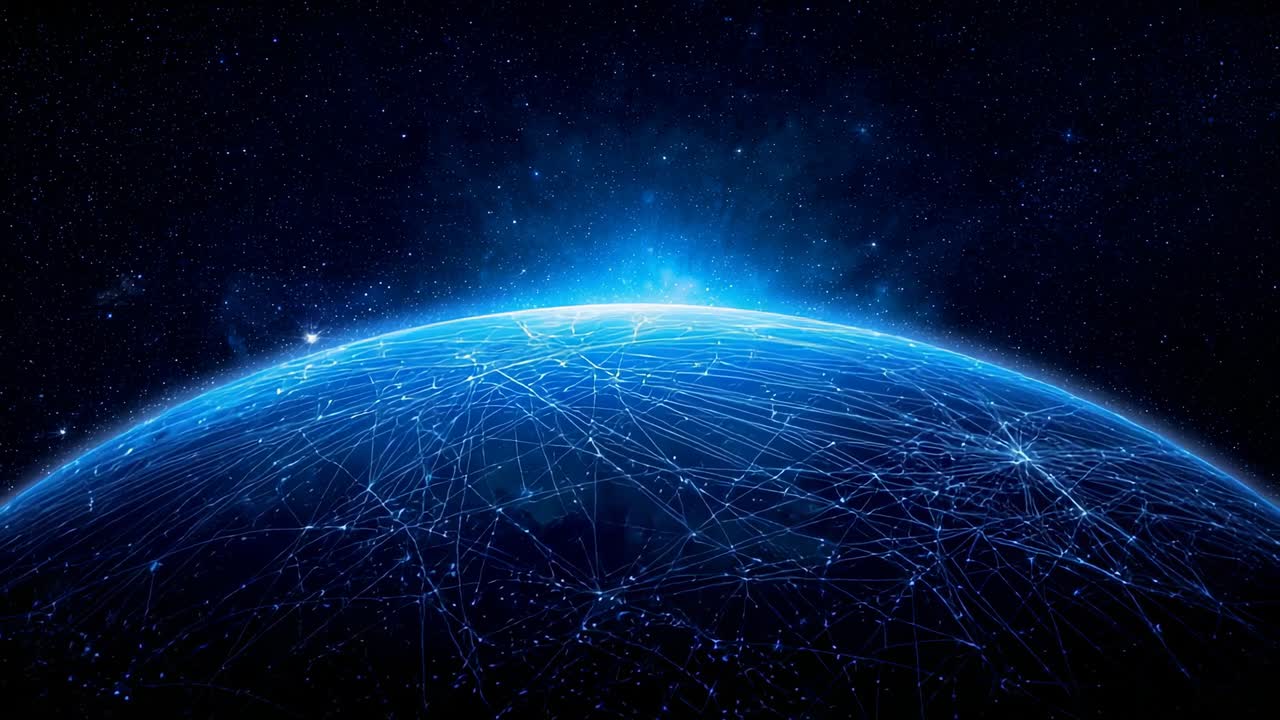 Brightening Earth horizon starting network tracing across digital globe in starfield, nodes pulsing