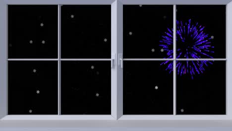 Animation-of-window-with-white-stars-and-christmas-and-new-year-fireworks-exploding-in-night-sky