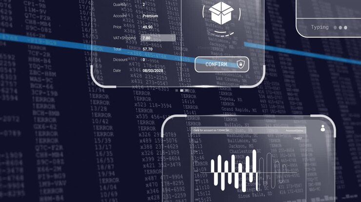 Animasjon av digitalt transaksjonsgrensesnitt som behandler data over en bakgrunn med finansiell kode.