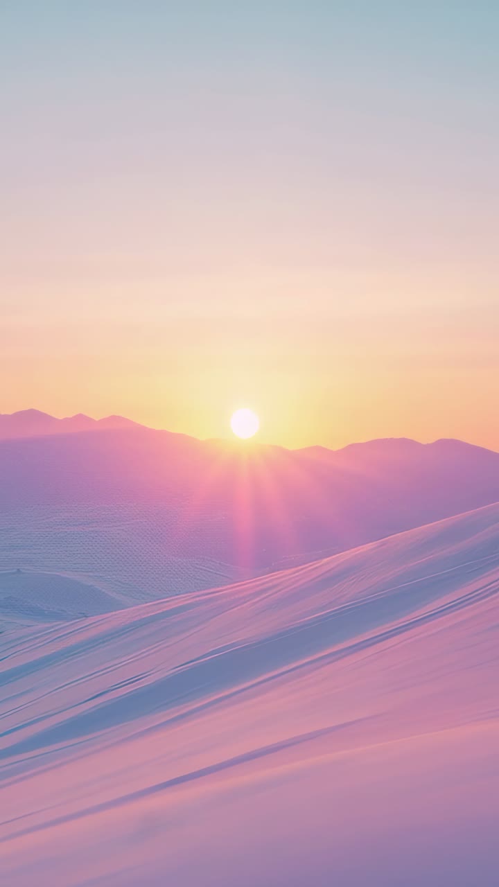 Vertical video: Faint glow emerging above ridge as sun disk rising, casting pink glow on snow dunes