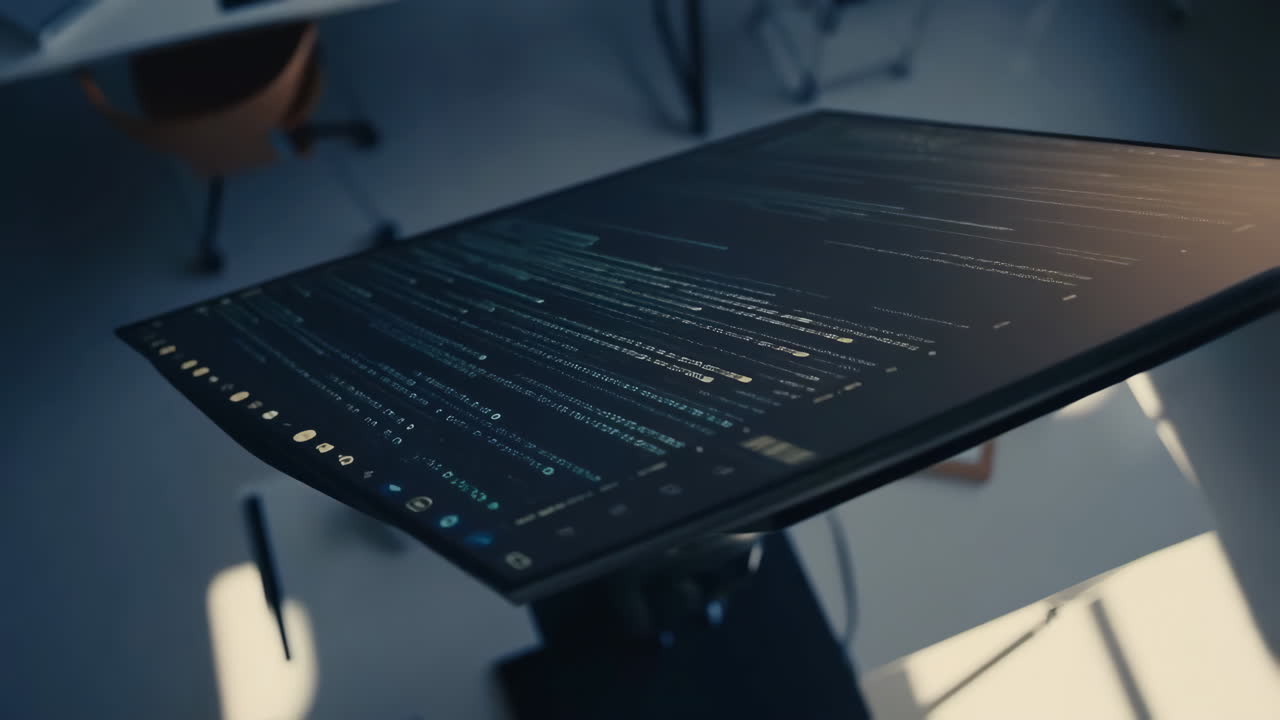 A computer monitor displaying code in a dark office setting