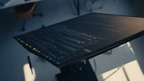 a computer monitor displaying code in a dark office setting