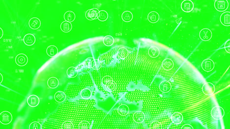 animation of icons over globe on green background