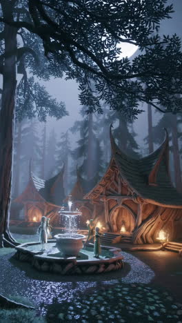 a peaceful elf village at night