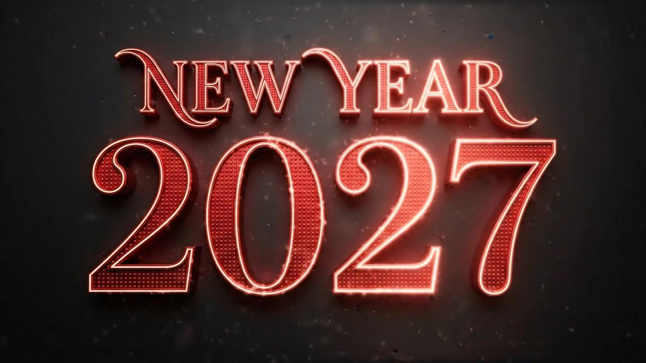 Animazione di testo rosso luminoso 'Anno Nuovo 2027' su sfondo scuro