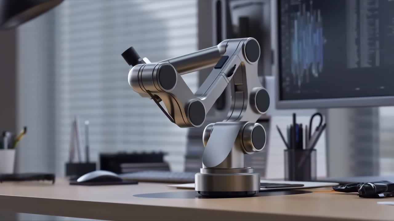 Robotic Arm on a Modern Office Desk with Computer Monitor Displaying Data