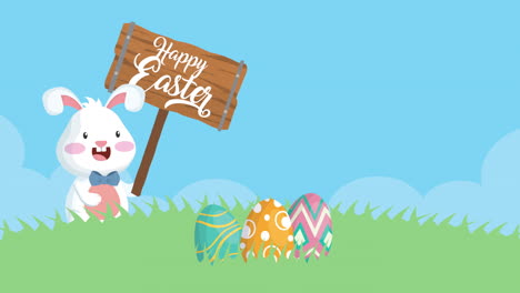 happy easter animated card with rabbit and eggs in the camp