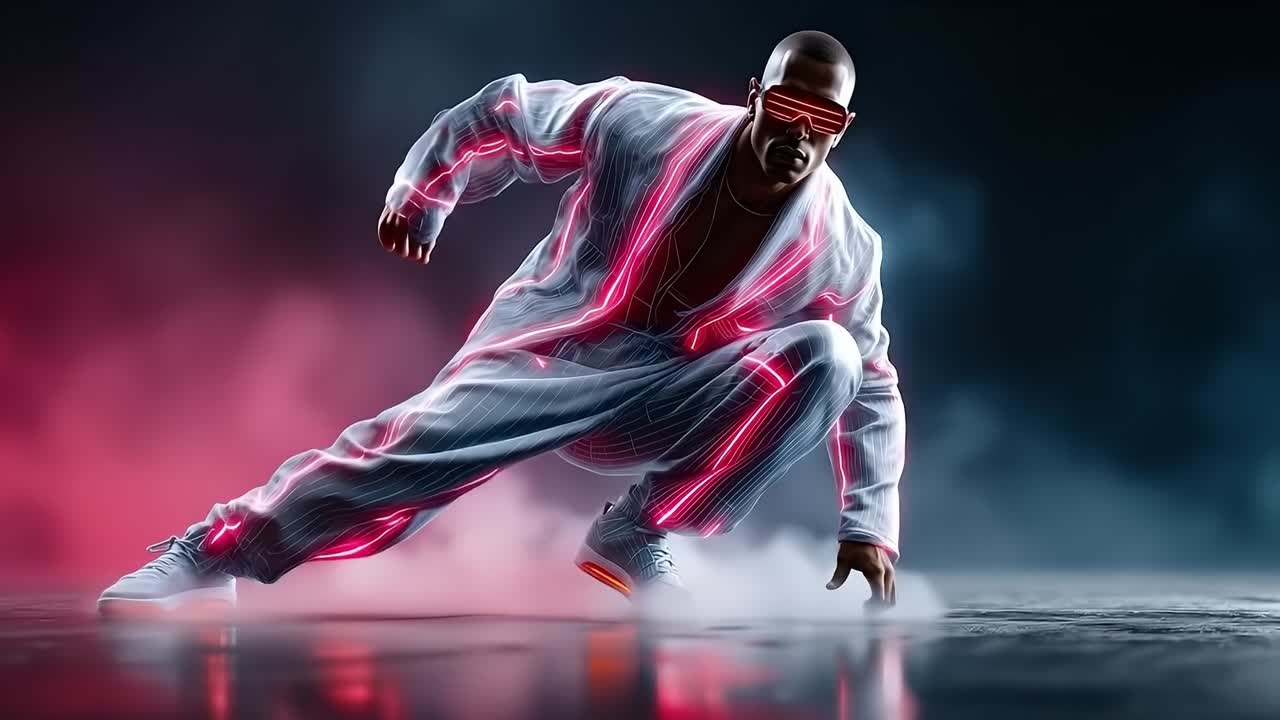 A man in a white suit and red glasses crouching down in the fog