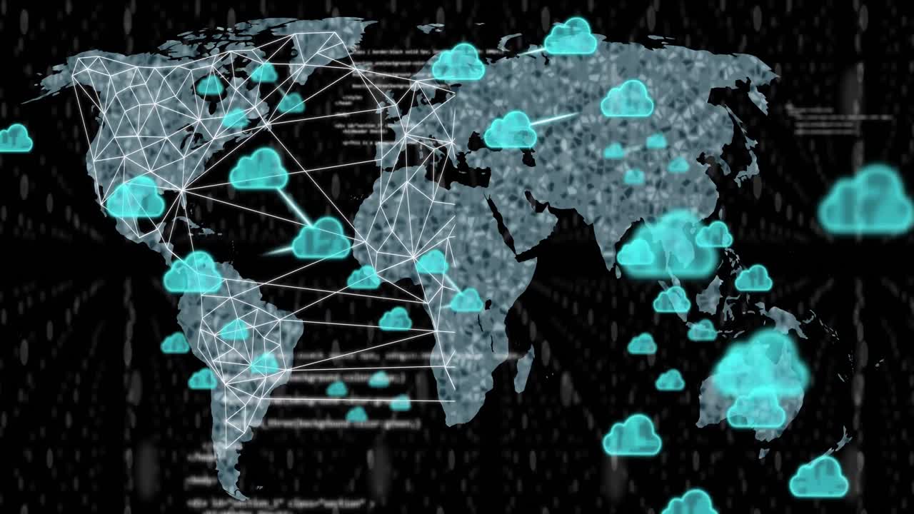 animación de iconos de nubes y procesamiento de datos sobre el mapa del mundo