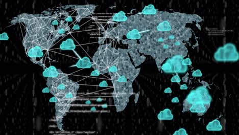Animation-Von-Wolkensymbolen-Und-Datenverarbeitung-über-Der-Weltkarte