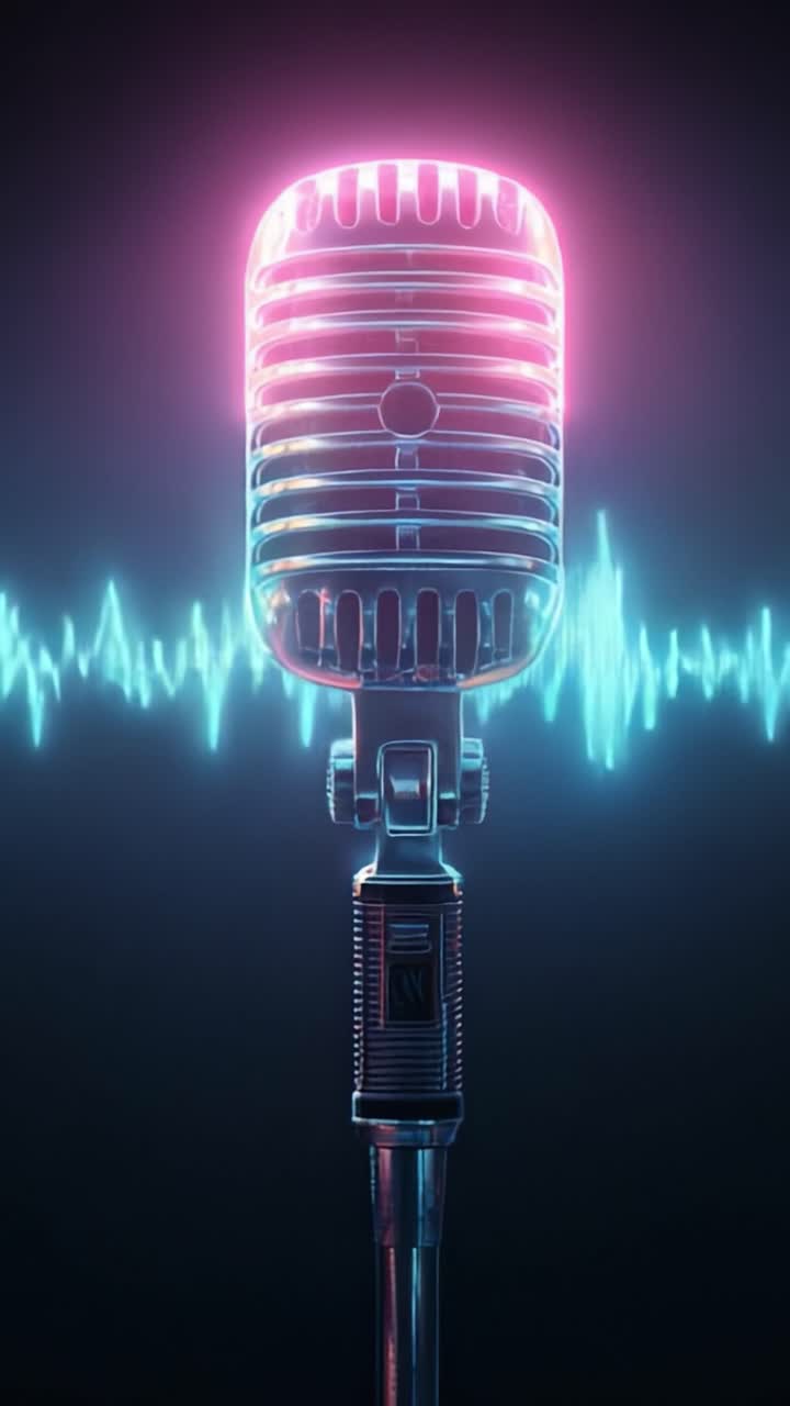 Affascinante microfono vintage su uno sfondo di onde sonore pulsanti, che enfatizza la musica e la produzione audio in un design dall'estetica moderna.