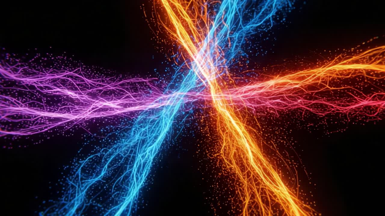 Dynamic Energy Flow: A Stunning Visual Representation of Colorful Particle Streams Intertwined Across a Dark Background
