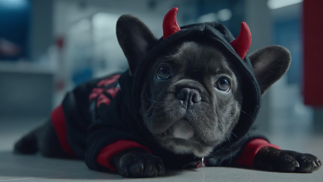Adorable French Bulldog Dressed as a Mischievous Devil with Horns in a Stylish Hoodie, Captured in Playful Indoor Setting, Showcasing Its Cute Expression and Charismatic Appearance