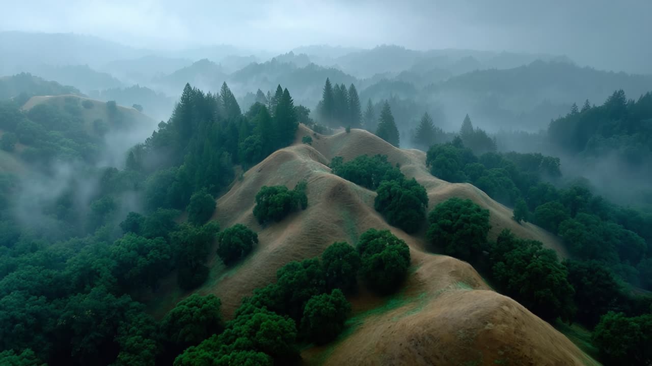 Misty Hillside Landscape: A Serene View of Rolling Hills Blanketed in Lush Greenery with Fog Enveloping the Natural Terrain in a Peaceful Morning Atmosphere