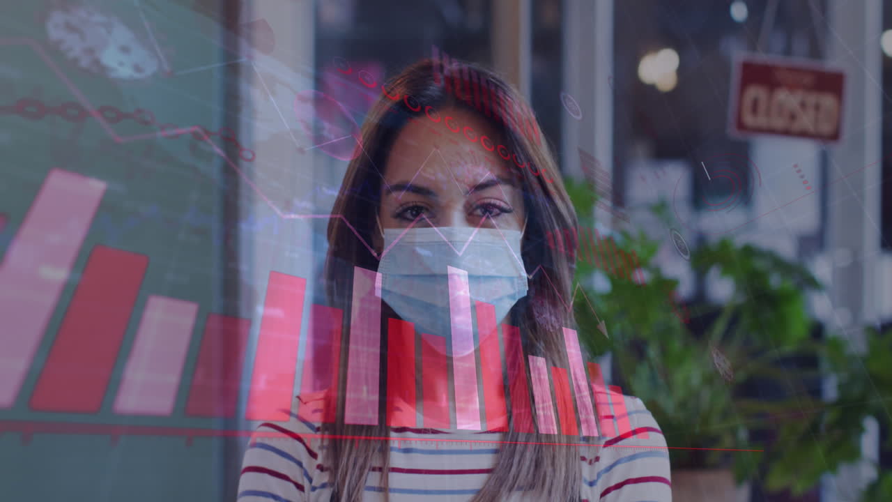 얼굴 마스크를 쓰고 있는 백인 여성 이발사에 대한 다이어그램의 애니메이션