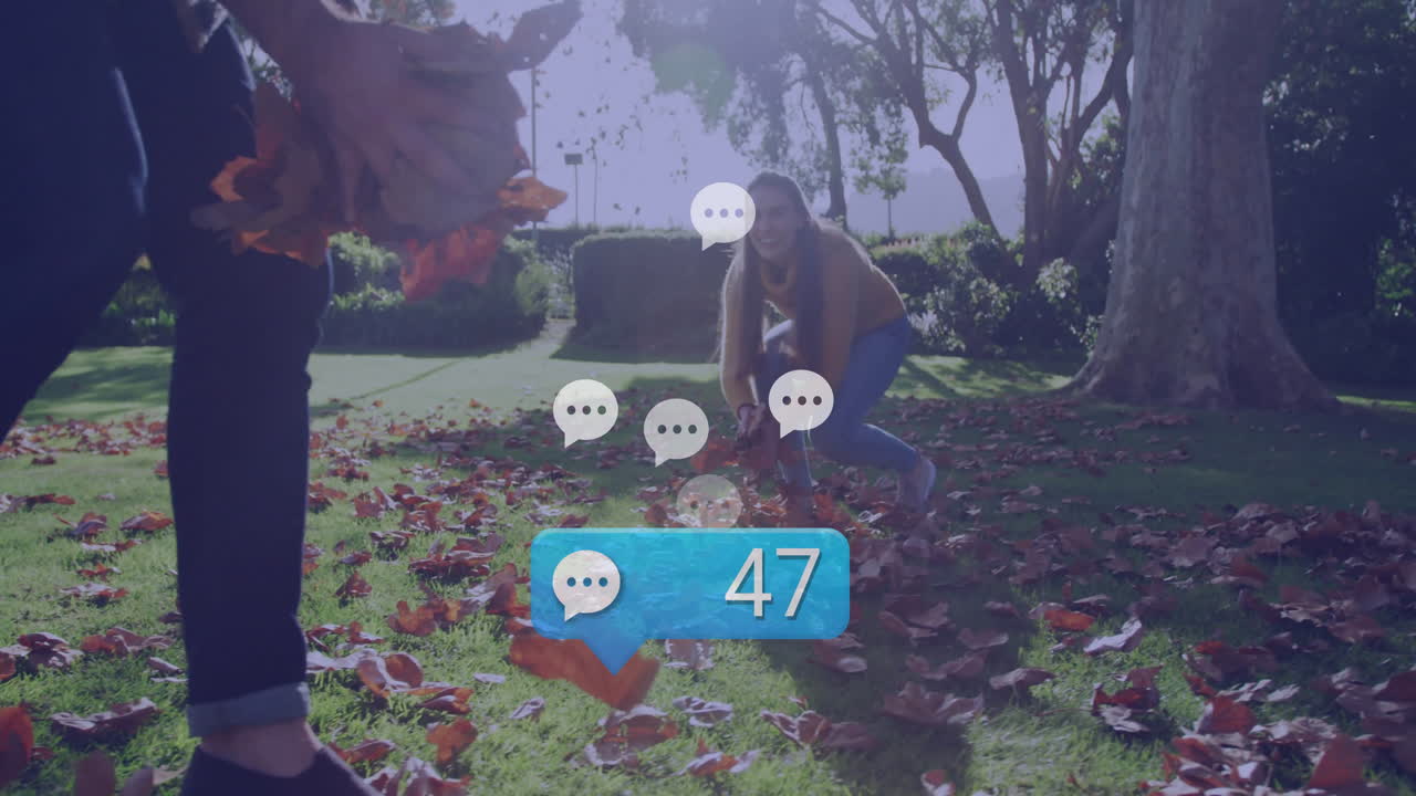 Woman gathering autumn leaves with social media notification animation overlay