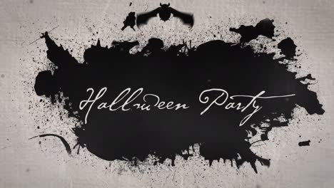 Animation-of-halloween-party,-bats-and-ink-stains-on-black-background