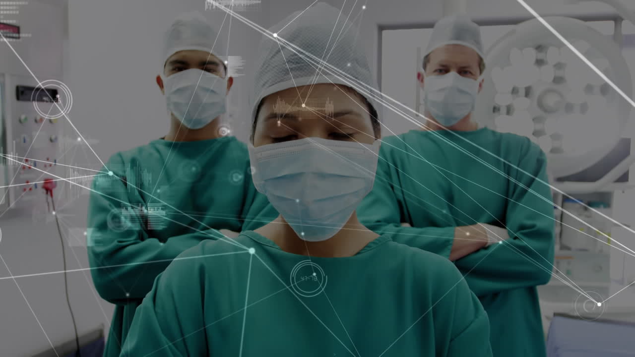 Animazione di una rete di connessioni su chirurghi in sala operatoria.