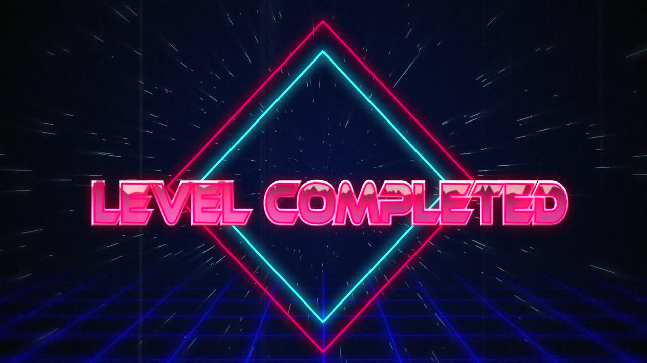 백색 하이퍼스페이스 효과에 파란색과 빨간색 사각형 위의 레트로 레벨 완료 텍스트 오류