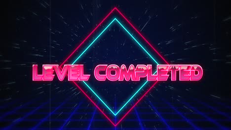 nivel retro texto completado glitching sobre cuadrados azules y rojos en efecto de hiperespacio blanco