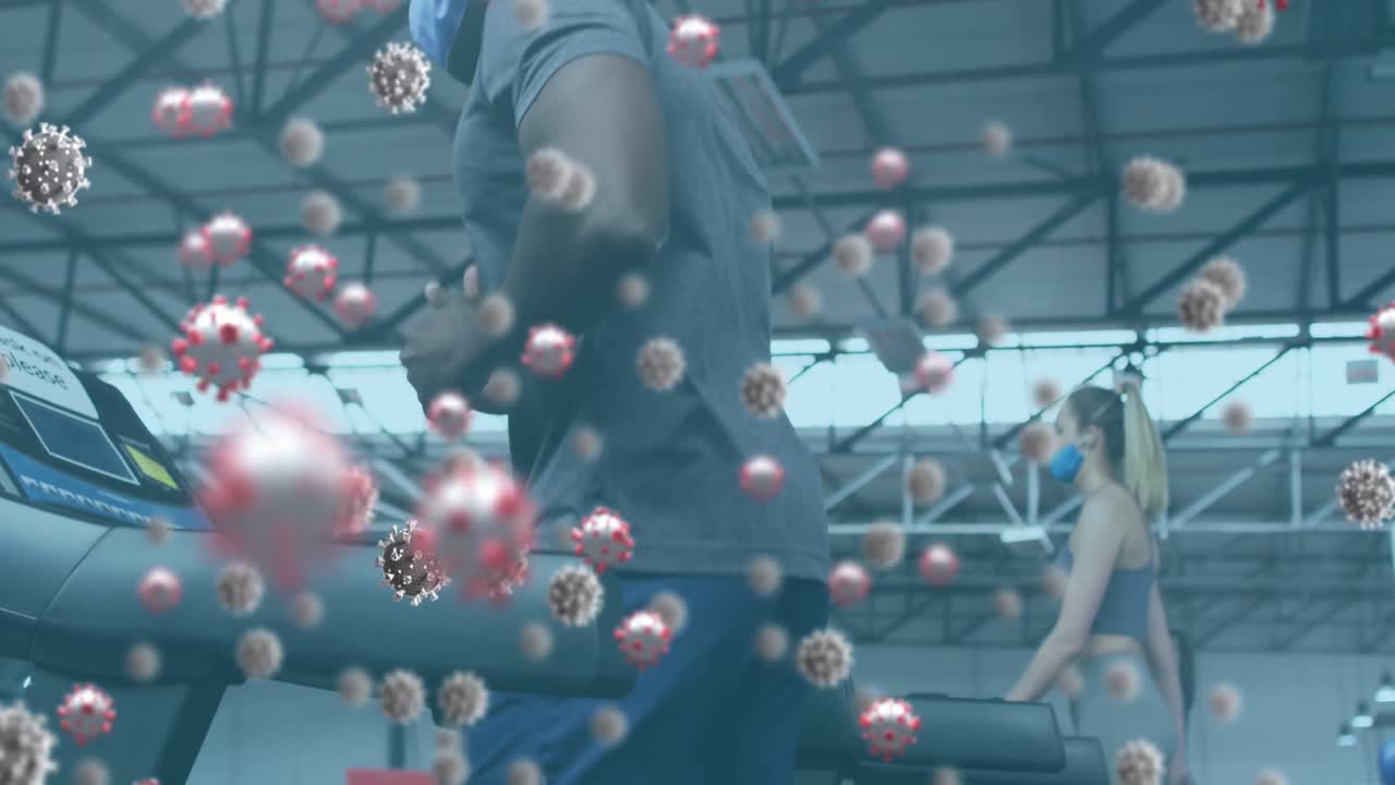 코로나19 세포가 다양한 그룹 위에 떠다니고 마스크를 쓰고 운동하는 애니메이션