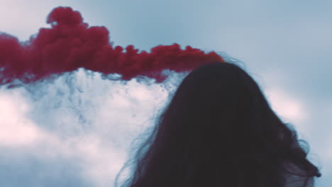 Red-smoke,-hand-flare-and-happy-woman-having-fun