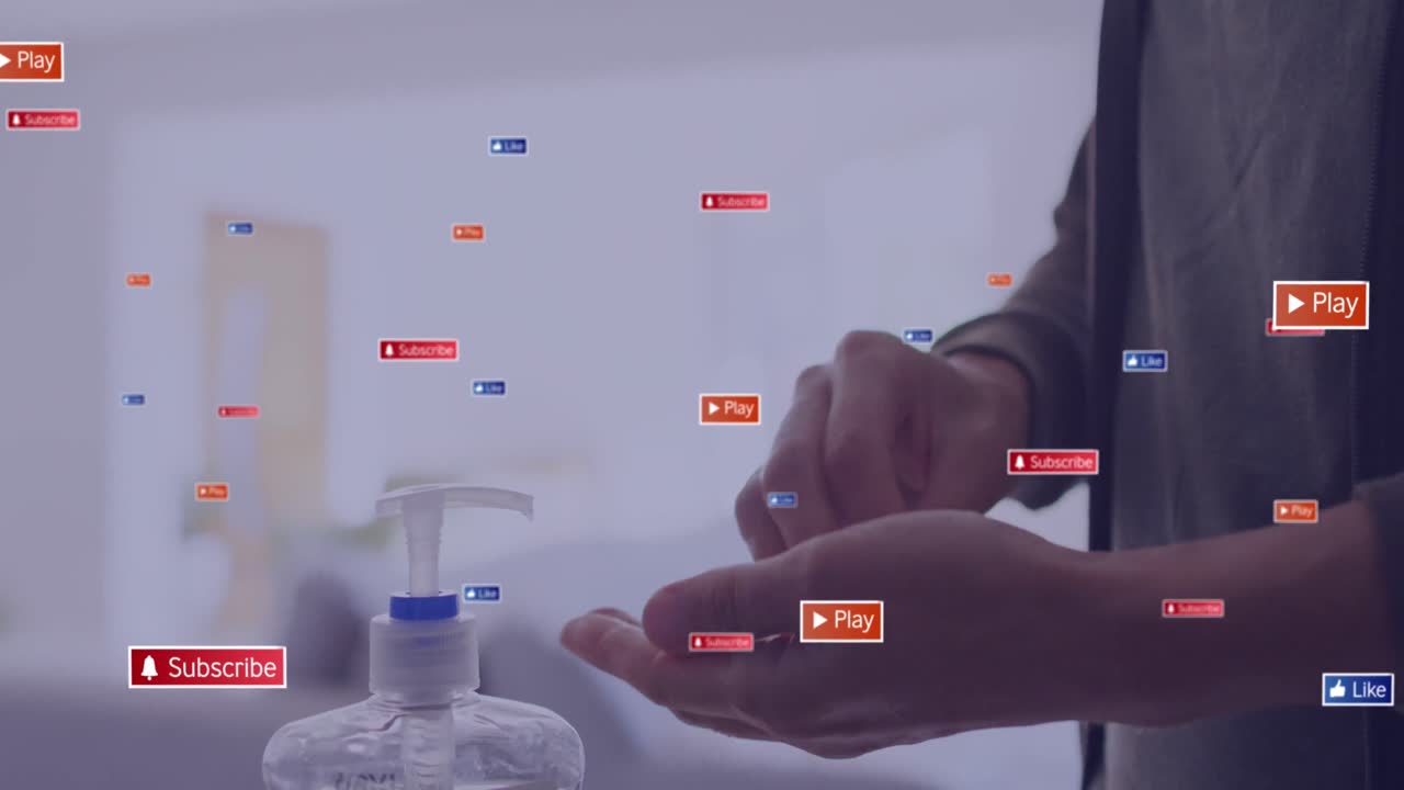 백인 여성이 손을 소독하는 미디어 아이콘의 애니메이션