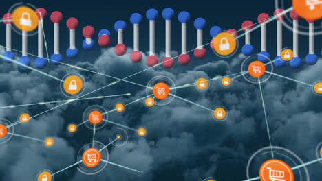 Animation-Eines-Netzwerks-Von-Verbindungen-Mit-Symbolen-über-Einem-Sich-Drehenden-DNA-Strang