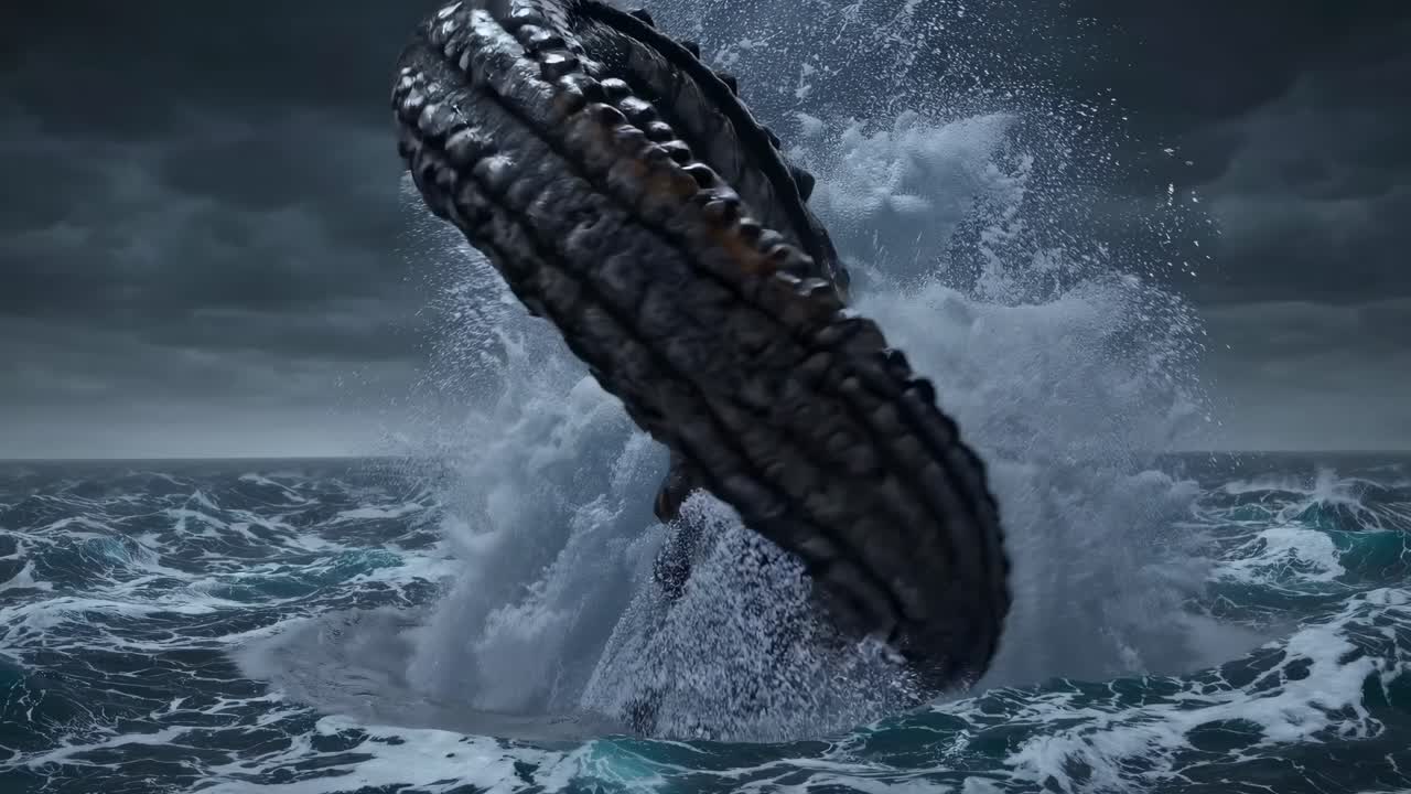 En dramatisk stillbild från video av en gigantisk tentakel som stiger upp ur stormigt hav, fångad från en låg vinkel.