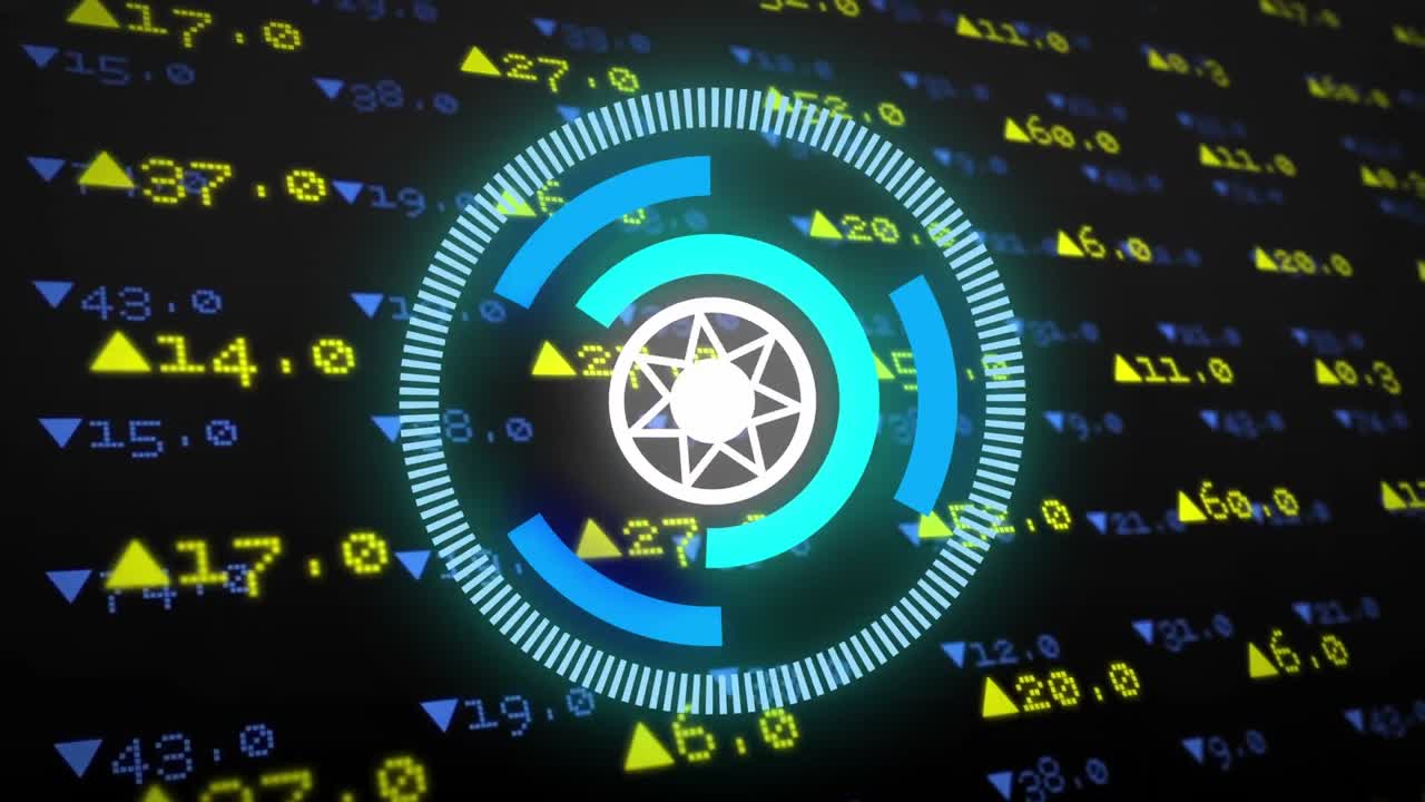 검은 바탕에 대한 증권 시장 데이터 처리에 대한 네온 둥근 스캐너의 애니메이션