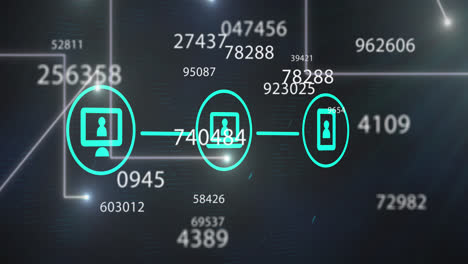 Network-of-digital-icons-against-multiple-changing-numbers-against-light-trails-on-grey-background