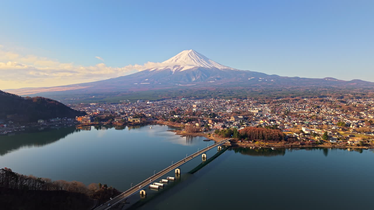 Aerial drone view of the Kawaguchiko-Ohashi bridge near the Fujikawaguchiko town in Japan with Mount Fuji on the background