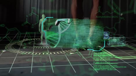 Animation-Des-Spinnens-Von-DNA-Strängen-Und-Der-Datenverarbeitung-über-Einem-Springseil-Eines-Afroamerikanischen-Mannes