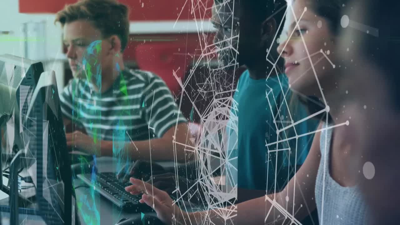 animazione di una rete di connessioni su un gruppo di studenti diversi che utilizzano i computer a scuola