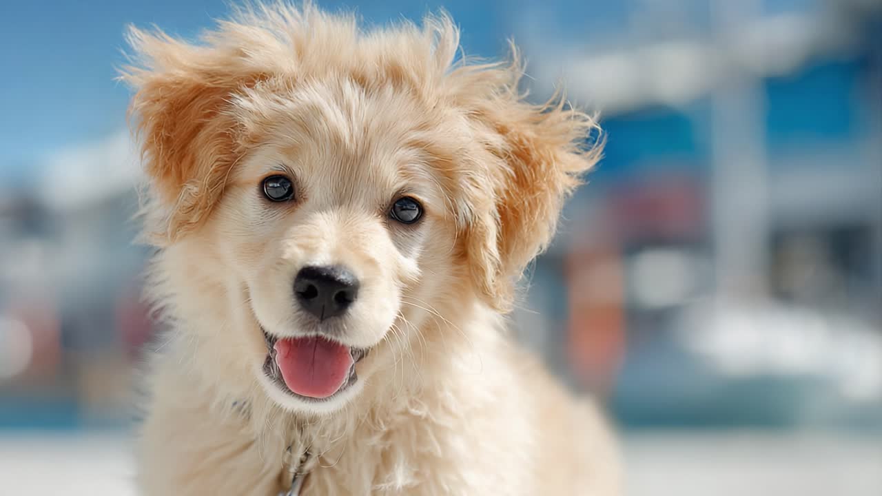 Adorabile cucciolo dorato con pelliccia soffice e occhi luminosi, che si gode una bella giornata in un ambiente esterno soleggiato, avvicinandosi con entusiasmo alla fotocamera con un'espressione felice