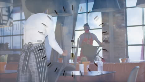 animación del reloj sobre una pareja diversa trabajando con máscaras faciales