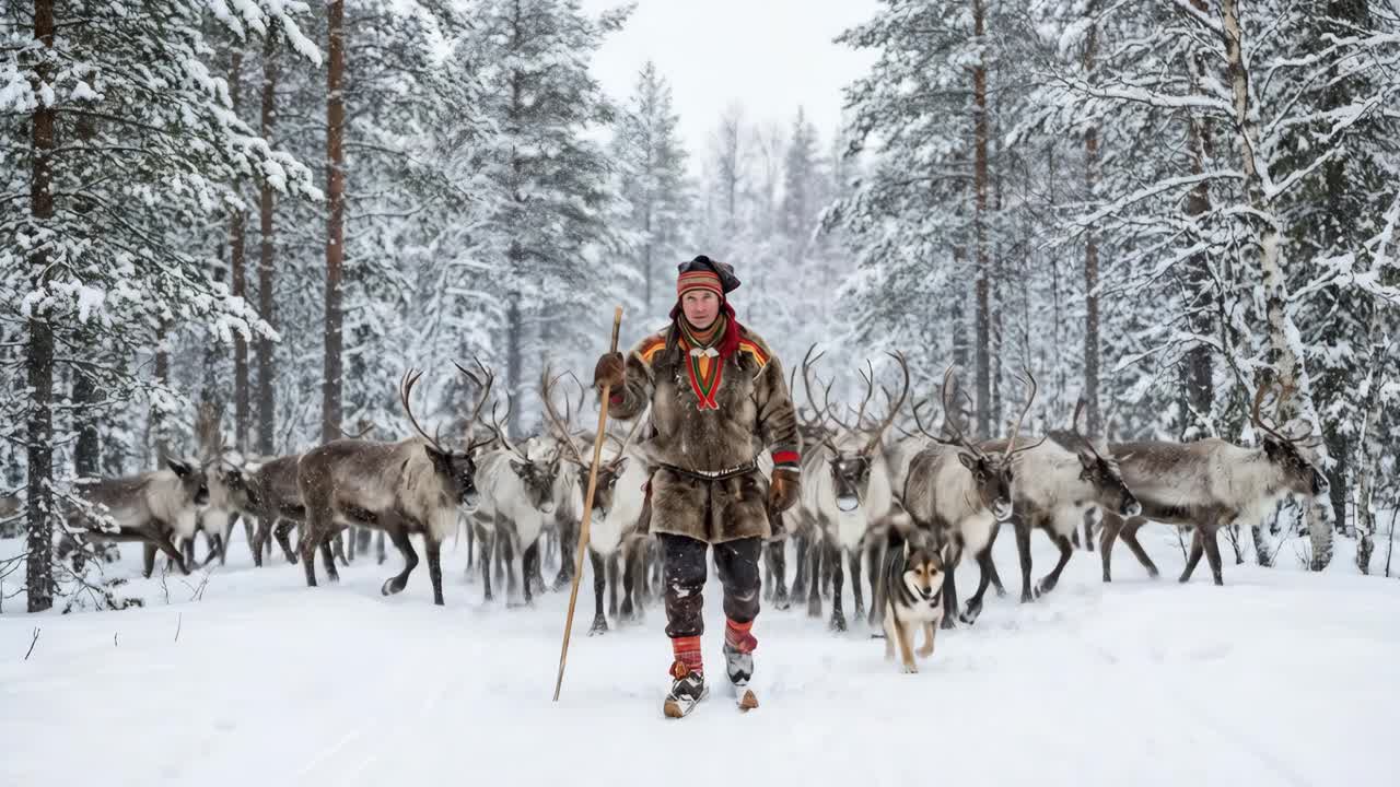 Mand med rensdyr i vinterlandskab