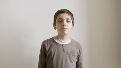 young brunette boy looking and posing at camera.