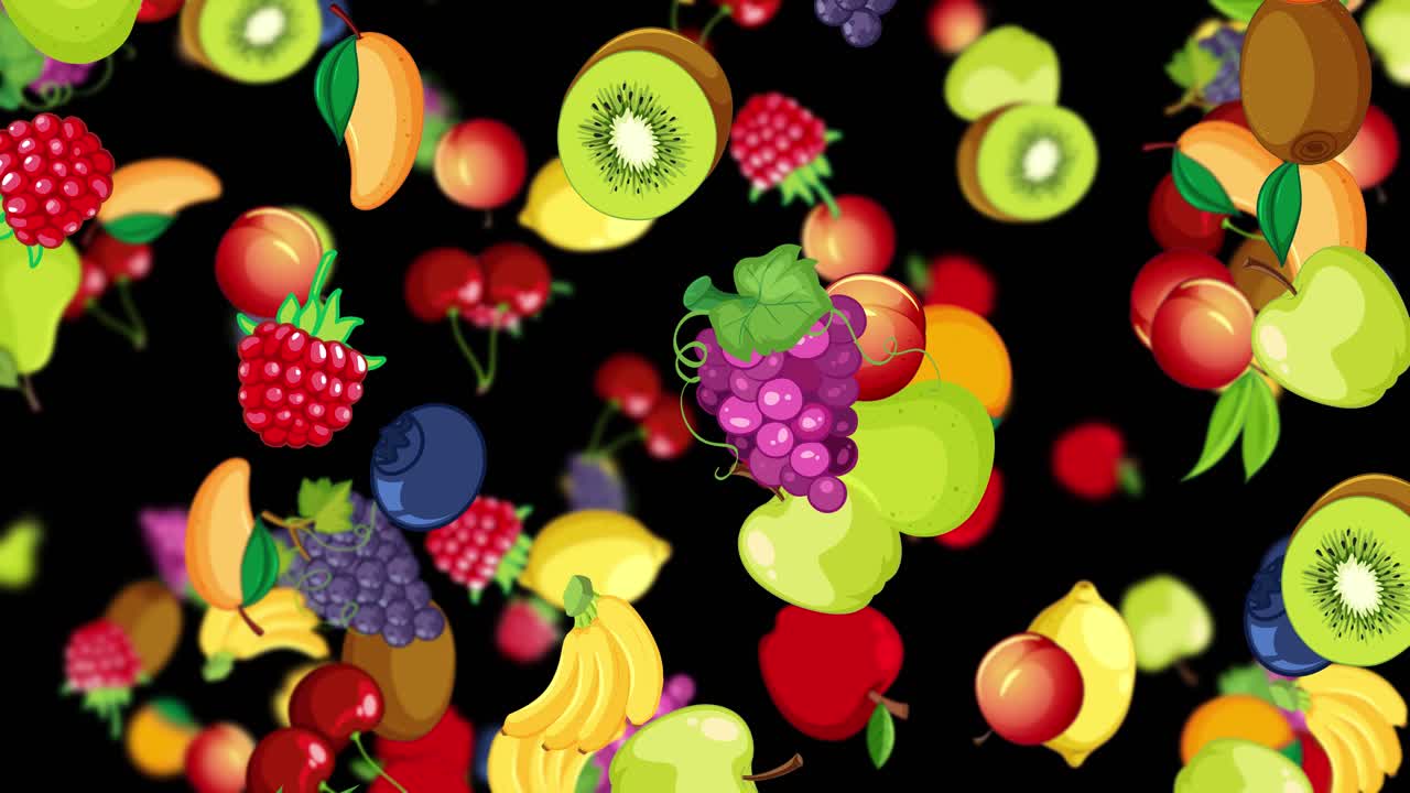 Vibrant fruits cascade against a dark backdrop