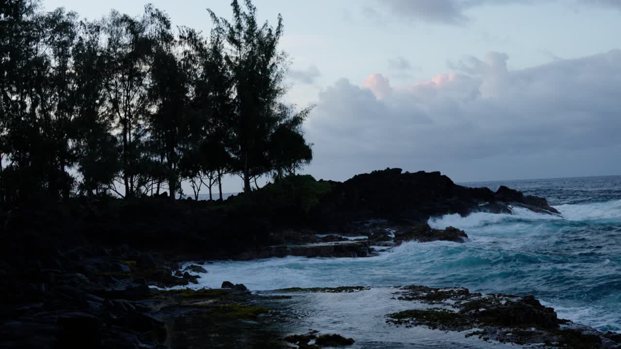Blue ocean waves hit dark volcanic rocks as evening falls, with silhouetted trees standing against the soft twilight sky along the dramatic shoreline.