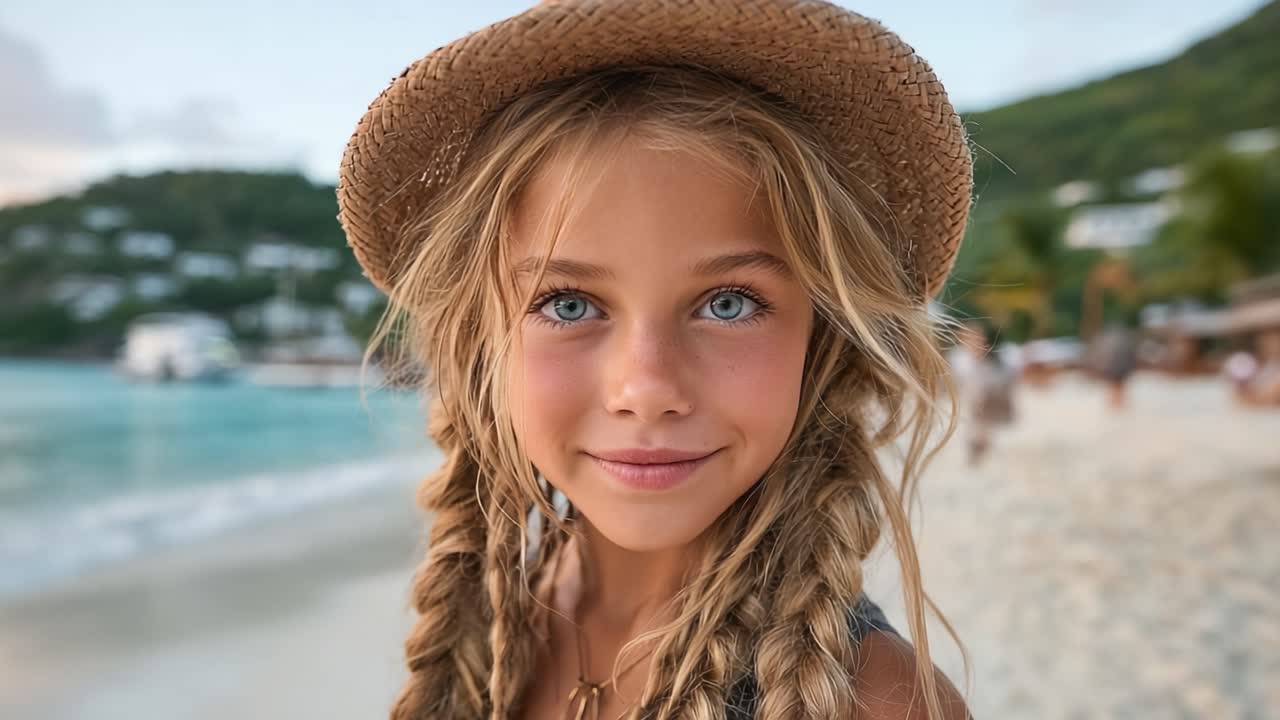 Une jeune fille joyeuse aux tresses blondes et coiffée d'un élégant chapeau de paille sourit radieusement sur fond de plage pittoresque, capturant l'essence d'une journée d'été insouciante.
