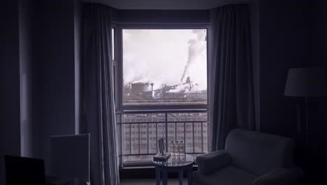 time lapse of chinese factory pollution emissions, view from hotel room