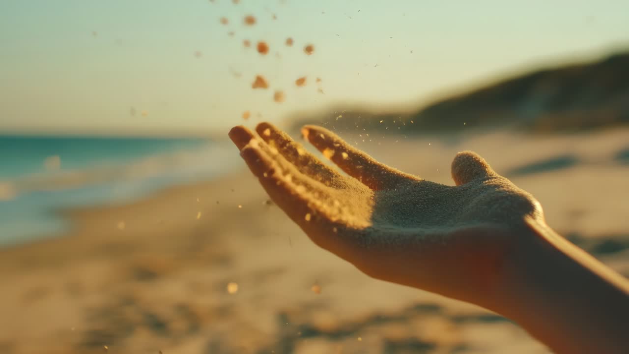 Close-up video of a hand releasing sand at the beach, captured at sunset