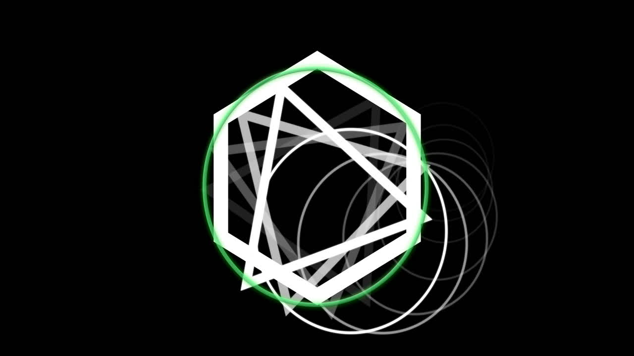 Animation of geometric shapes and circles forming abstract pattern on black background
