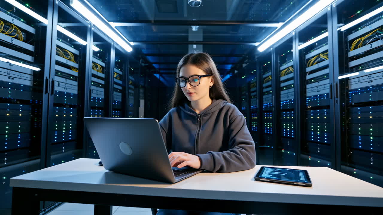 Female IT Professional Working in a Data Center
