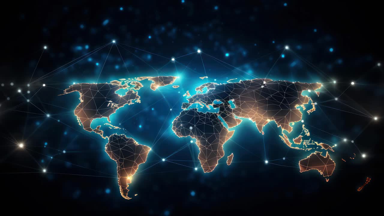 Futuristic world map with glowing network lines, viewed from a top-down angle