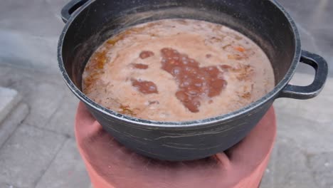 llamas quemando leña dentro de una estufa de arcilla y una olla grande de estofado cocinando encima