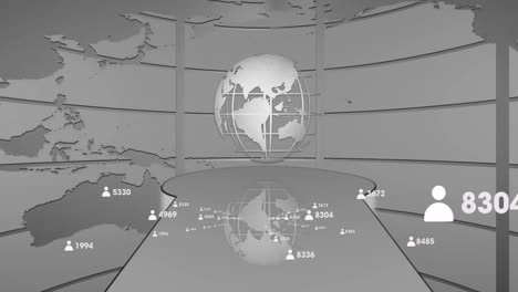 globe and user statistics animation over futuristic digital map background